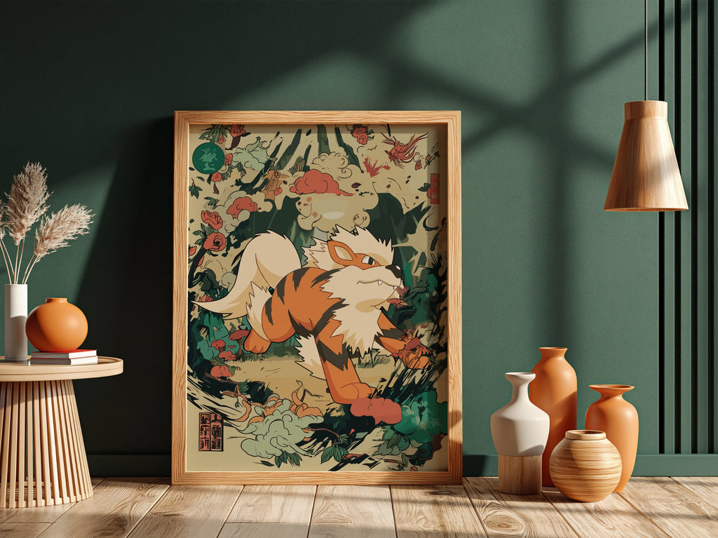 Framed Arcanine 1 illustration poster with orange and cream Pokémon in dynamic Japanese-inspired style