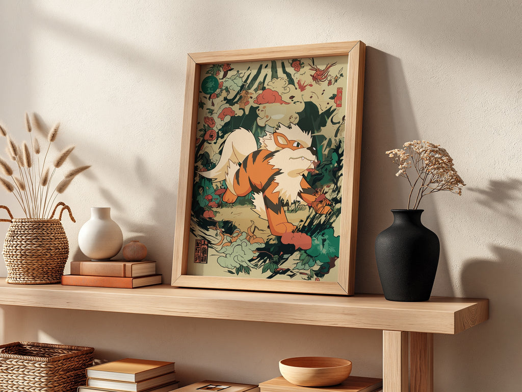 Framed Arcanine 1 illustration poster with orange and cream Pokémon in dynamic Japanese-inspired style