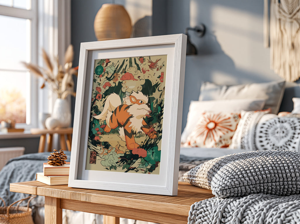Framed Arcanine 1 illustration poster with orange and cream Pokémon in dynamic Japanese-inspired style