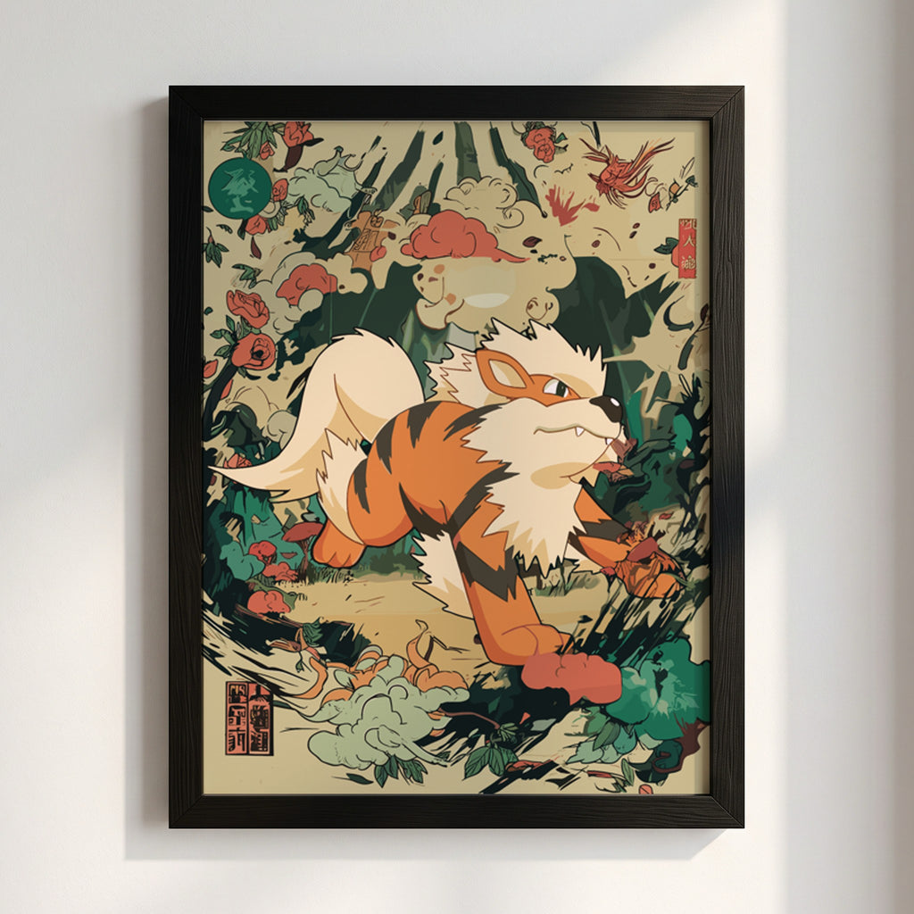 Framed Arcanine 1 illustration poster with orange and cream Pokémon in dynamic Japanese-inspired style