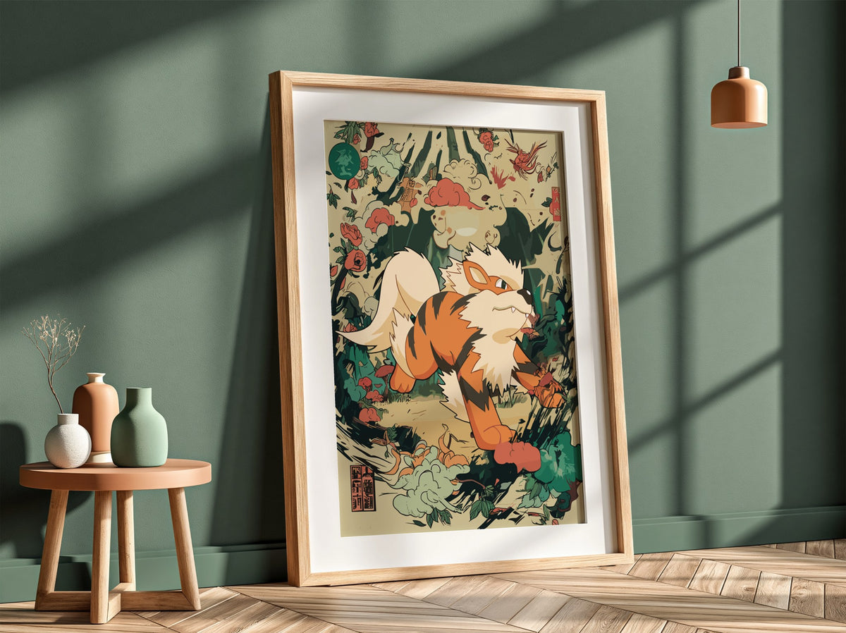 Framed Arcanine 1 illustration poster with orange and cream Pokémon in dynamic Japanese-inspired style