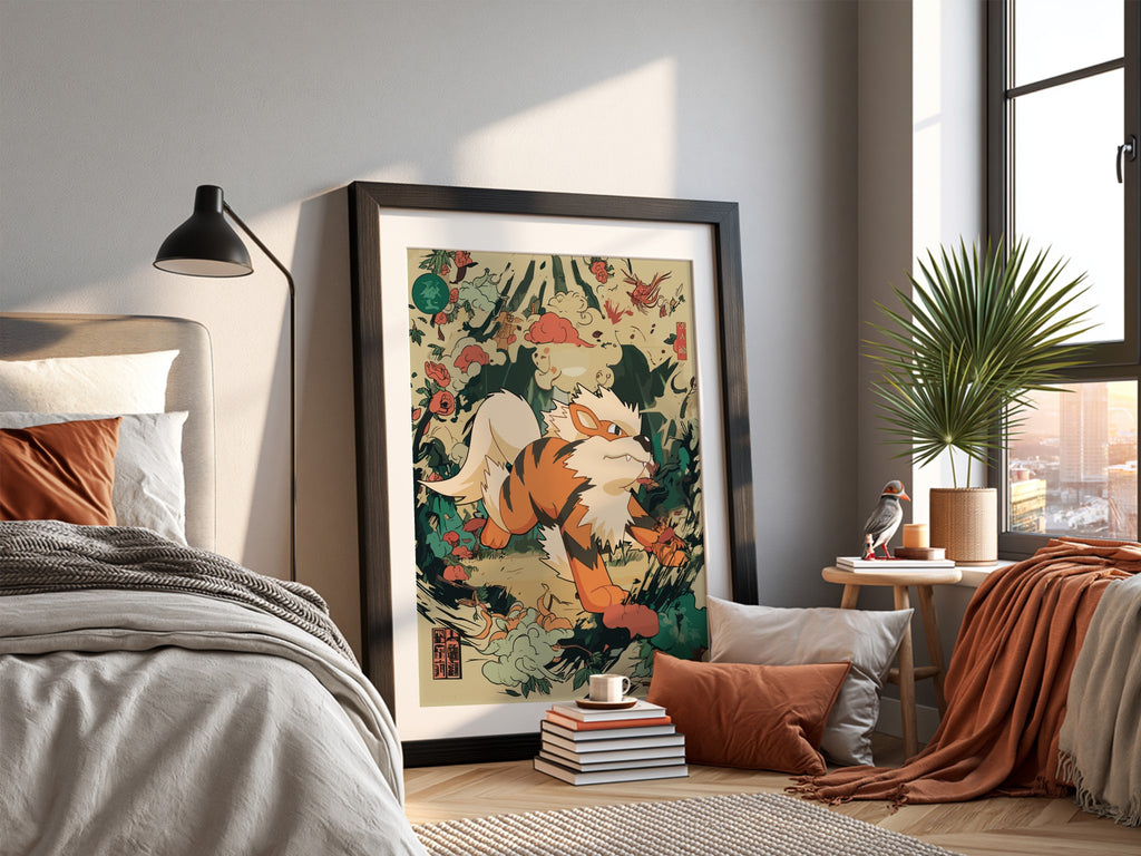 Framed Arcanine 1 illustration poster with orange and cream Pokémon in dynamic Japanese-inspired style