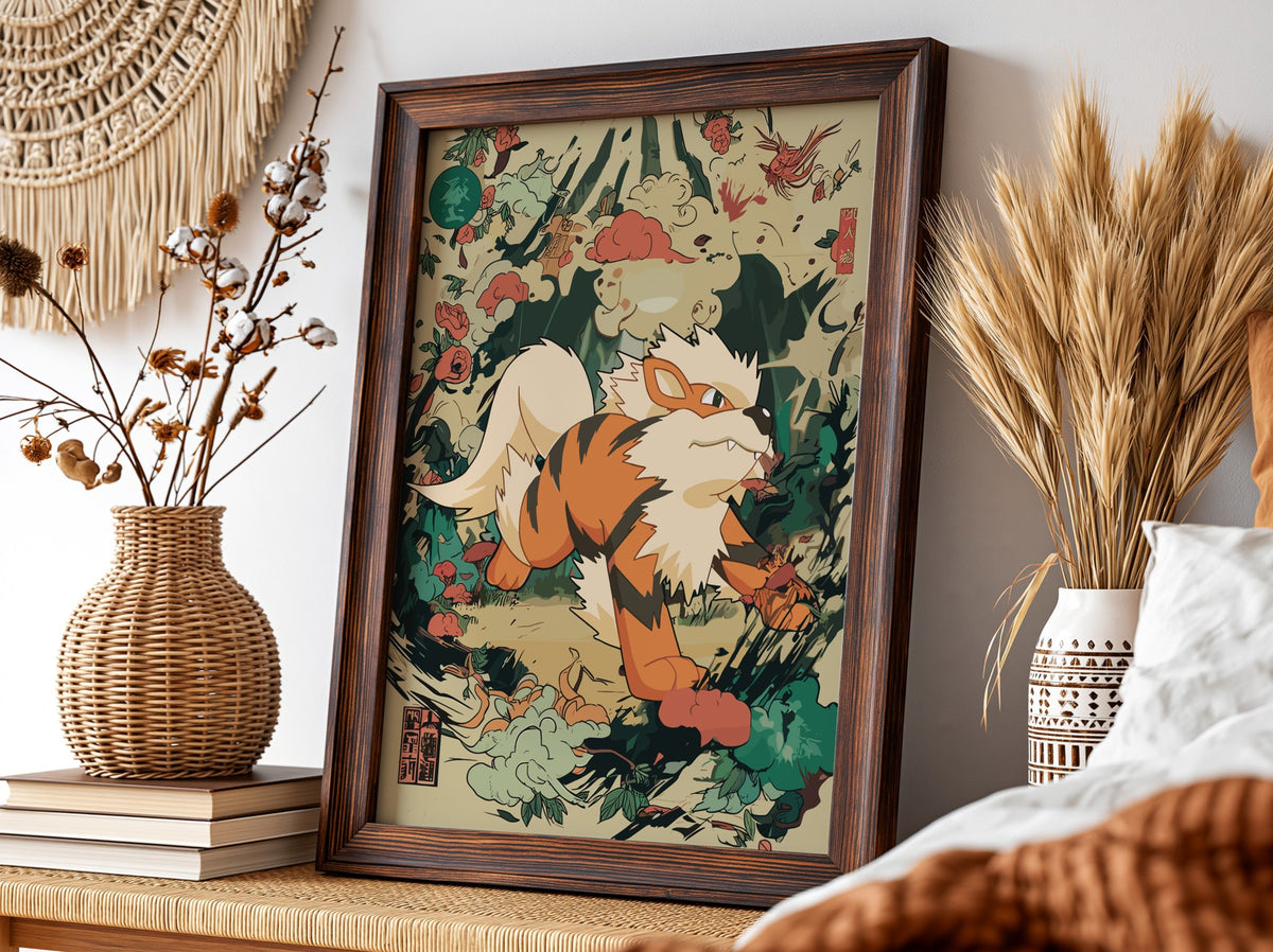 Framed Arcanine 1 illustration poster with orange and cream Pokémon in dynamic Japanese-inspired style