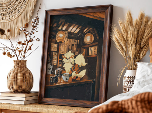 Poster of Arcanine eating ramen in warm rustic Japanese eatery with lanterns and dark orange tones