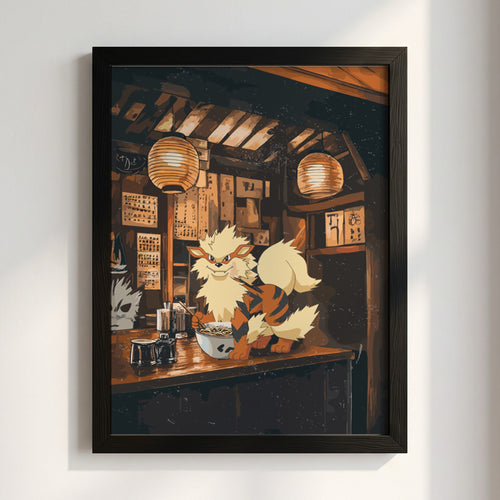 Poster of Arcanine eating ramen in warm rustic Japanese eatery with lanterns and dark orange tones