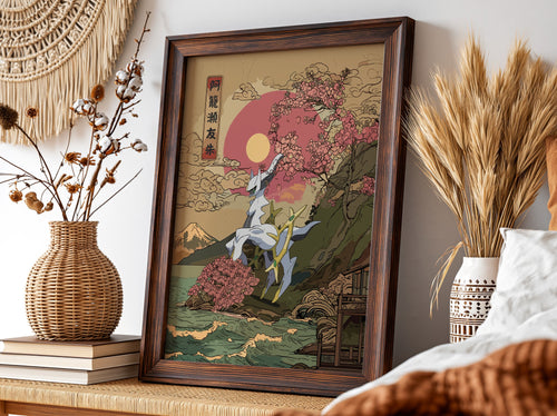 Pokemon poster featuring Arceus with cherry blossoms, red sun, lake, mountain in Japanese art style