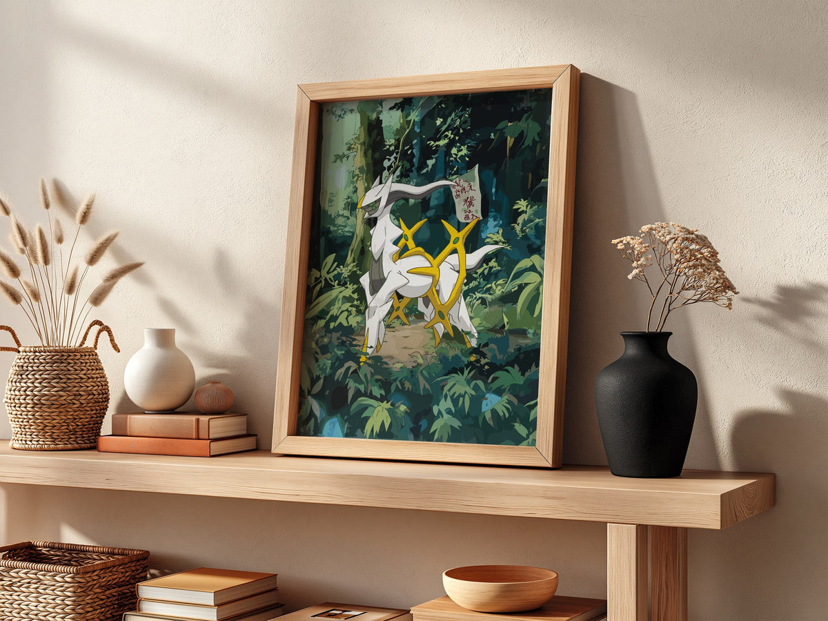 Digital poster of Arceus mythical creature in lush green forest with gold accents