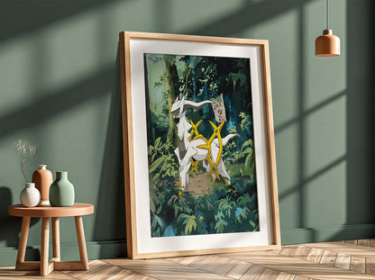 Digital poster of Arceus mythical creature in lush green forest with gold accents