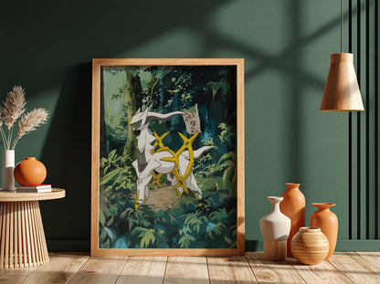 Digital poster of Arceus mythical creature in lush green forest with gold accents