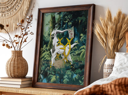 Digital poster of Arceus mythical creature in lush green forest with gold accents