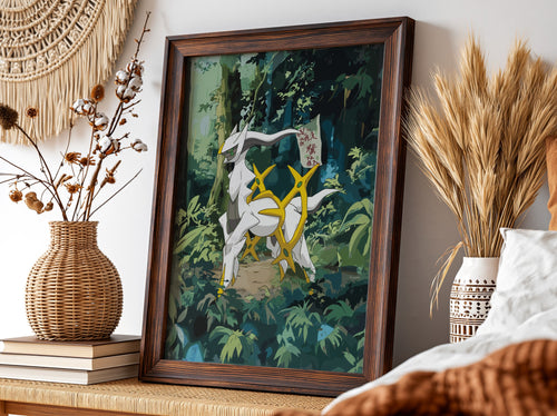 Digital poster of Arceus mythical creature in lush green forest with gold accents
