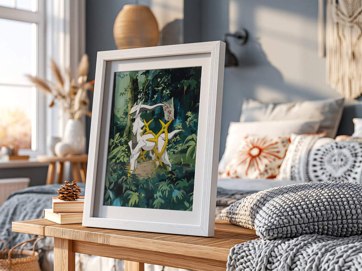 Digital poster of Arceus mythical creature in lush green forest with gold accents