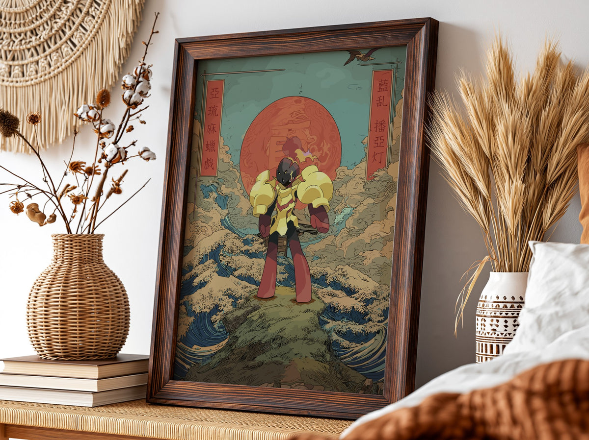 Pokemon poster featuring Armarouge with red sun, waves, clouds in Japanese style