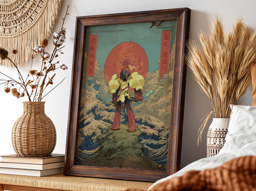 Pokemon poster featuring Armarouge with red sun, waves, clouds in Japanese style