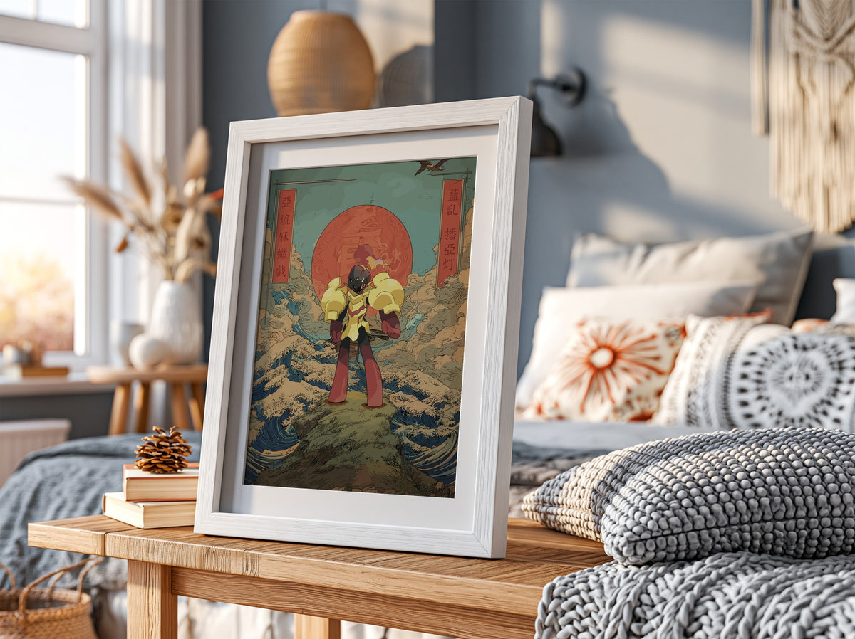 Pokemon poster featuring Armarouge with red sun, waves, clouds in Japanese style