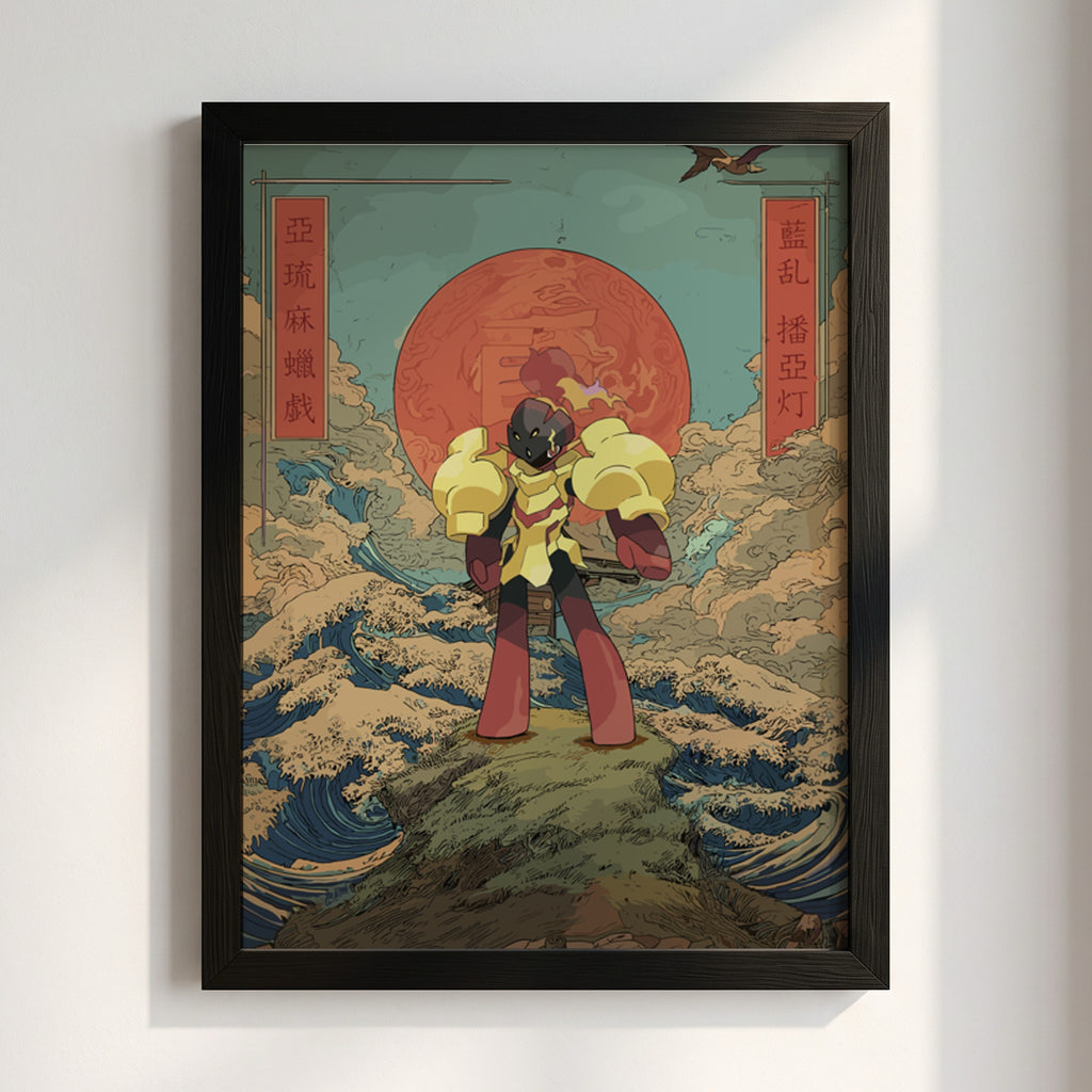 Pokemon poster featuring Armarouge with red sun, waves, clouds in Japanese style