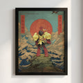 Pokemon poster featuring Armarouge with red sun, waves, clouds in Japanese style