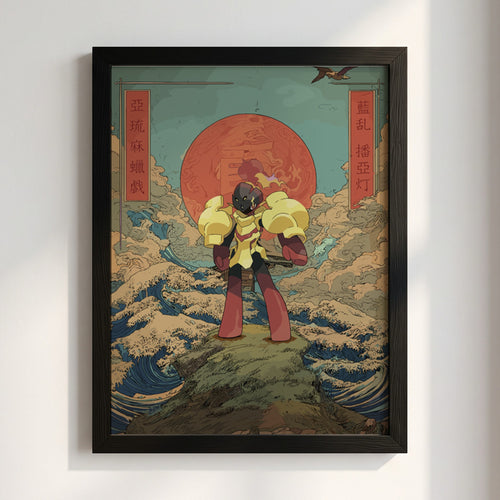 Pokemon poster featuring Armarouge with red sun, waves, clouds in Japanese style