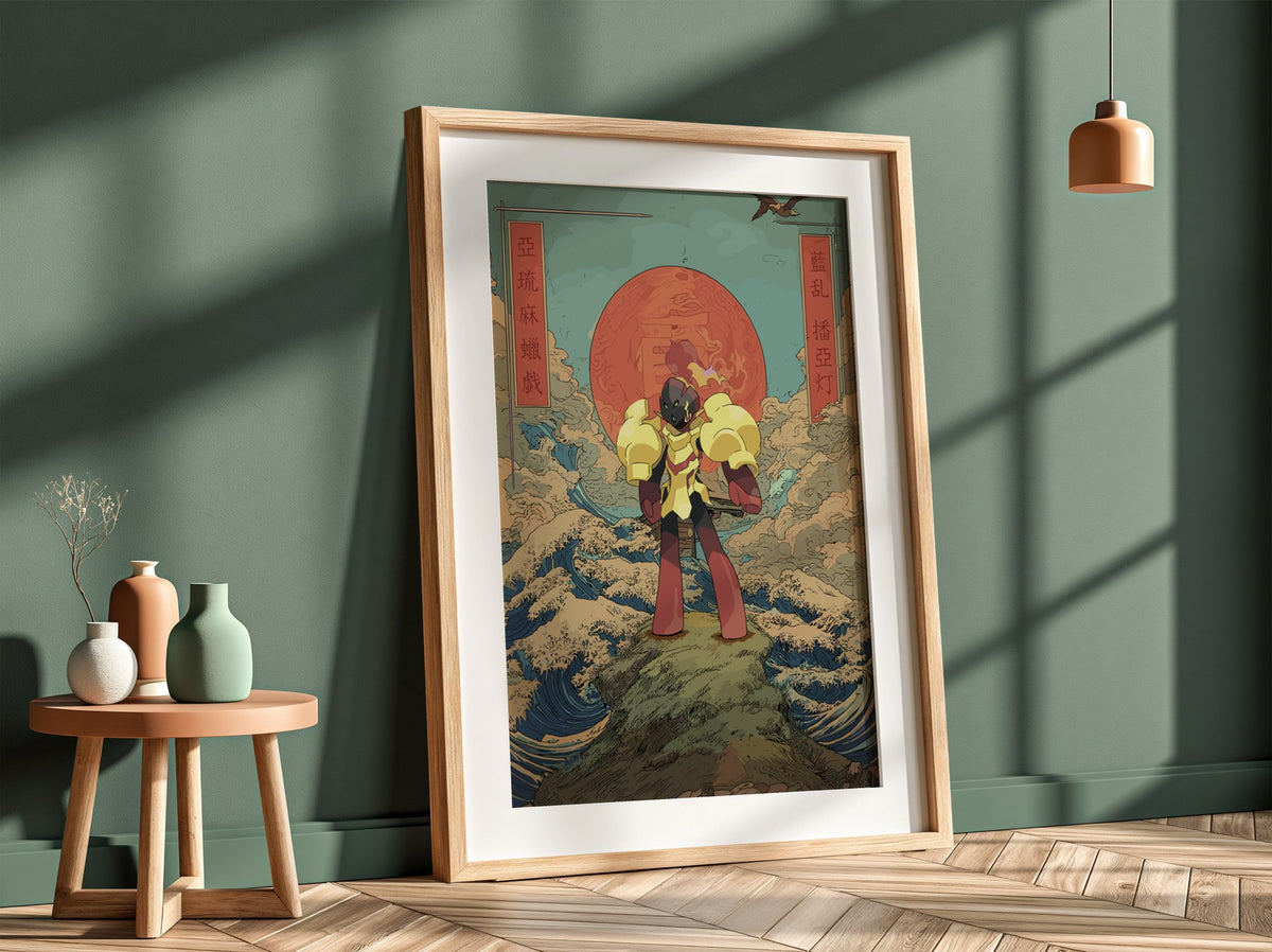 Pokemon poster featuring Armarouge with red sun, waves, clouds in Japanese style