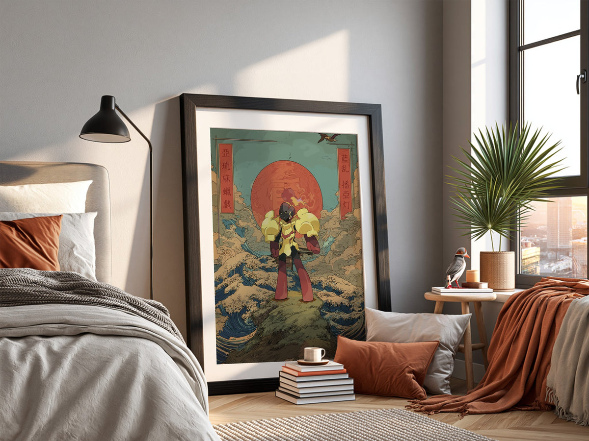 Pokemon poster featuring Armarouge with red sun, waves, clouds in Japanese style