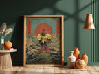 Pokemon poster featuring Armarouge with red sun, waves, clouds in Japanese style