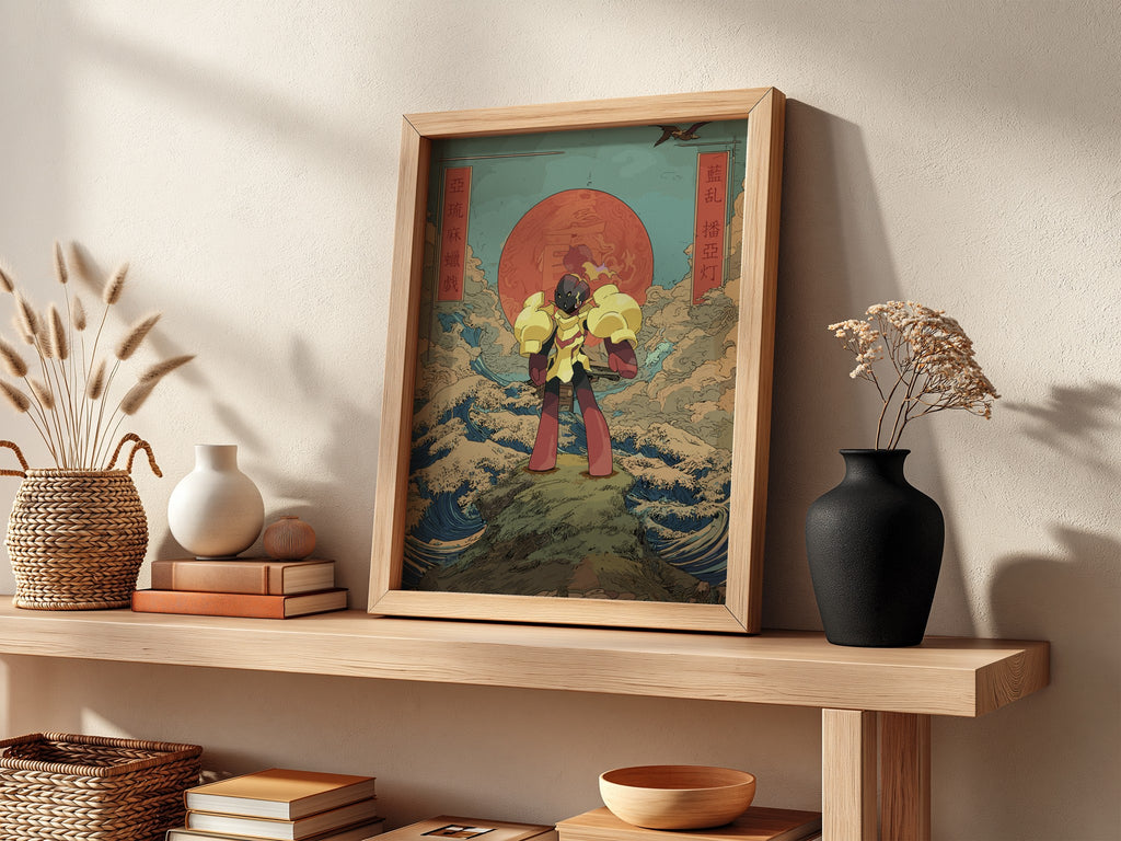 Pokemon poster featuring Armarouge with red sun, waves, clouds in Japanese style