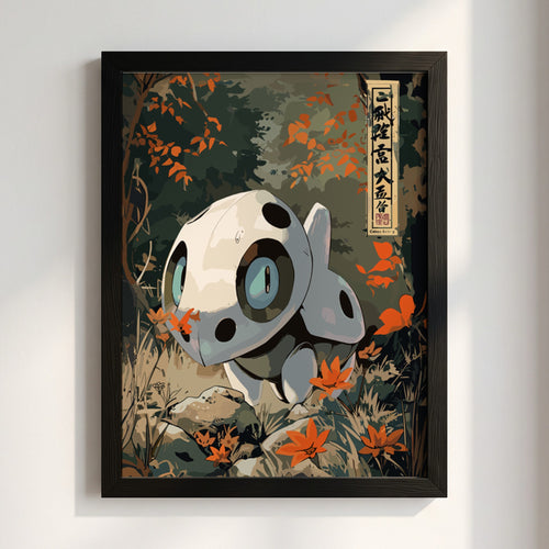 Poster of Aron Pokémon in stylized forest scene with green, grey, and orange colors