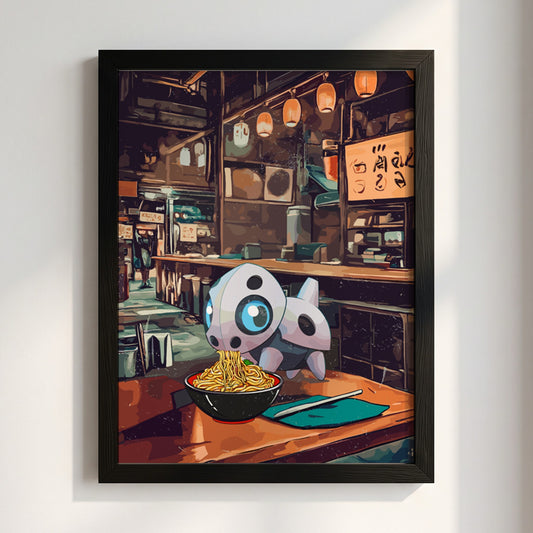 Poster of Aron Ramen Series featuring robotic character with ramen bowl in warm orange and blue anime style