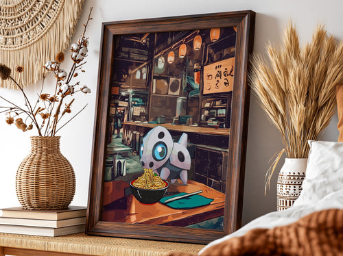 Poster of Aron Ramen Series featuring robotic character with ramen bowl in warm orange and blue anime style
