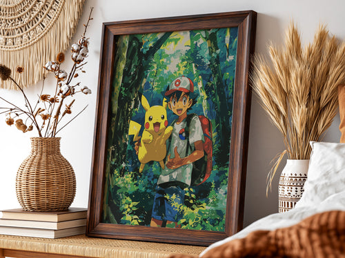Poster of Ash and Pikachu 3 in vibrant forest colours anime style wall decor