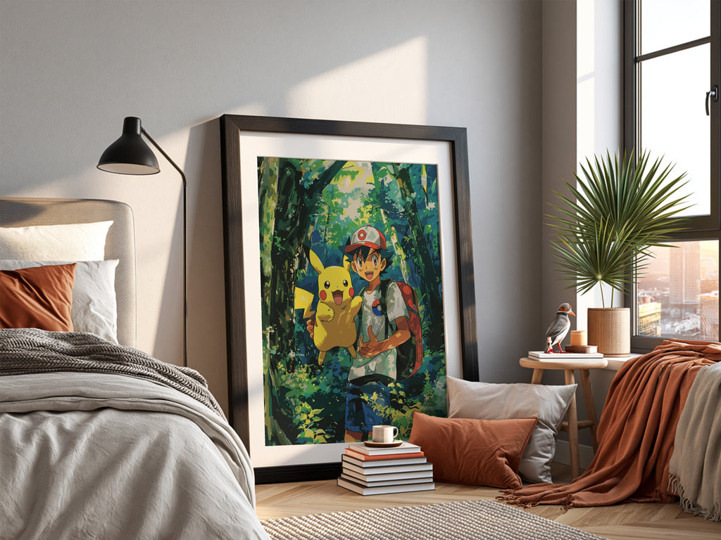 Poster of Ash and Pikachu 3 in vibrant forest colours anime style wall decor