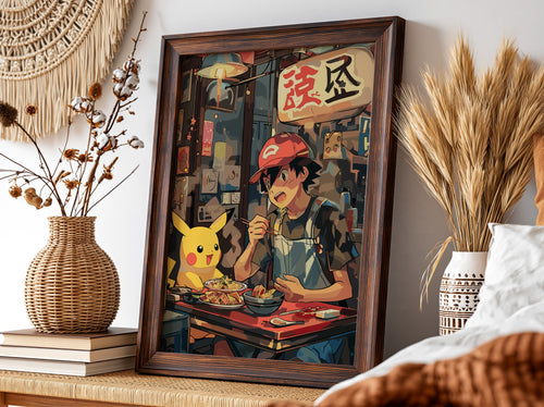 Poster featuring Ash and Pikachu eating at a Japanese street food stall with warm muted colors