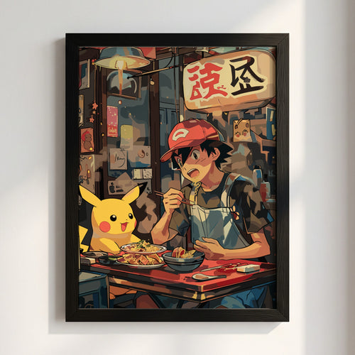 Poster featuring Ash and Pikachu eating at a Japanese street food stall with warm muted colors