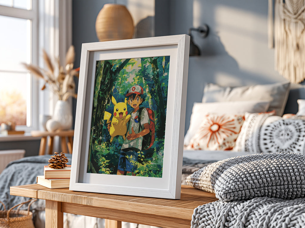 Poster of Ash and Pikachu 3 in vibrant forest colours anime style wall decor