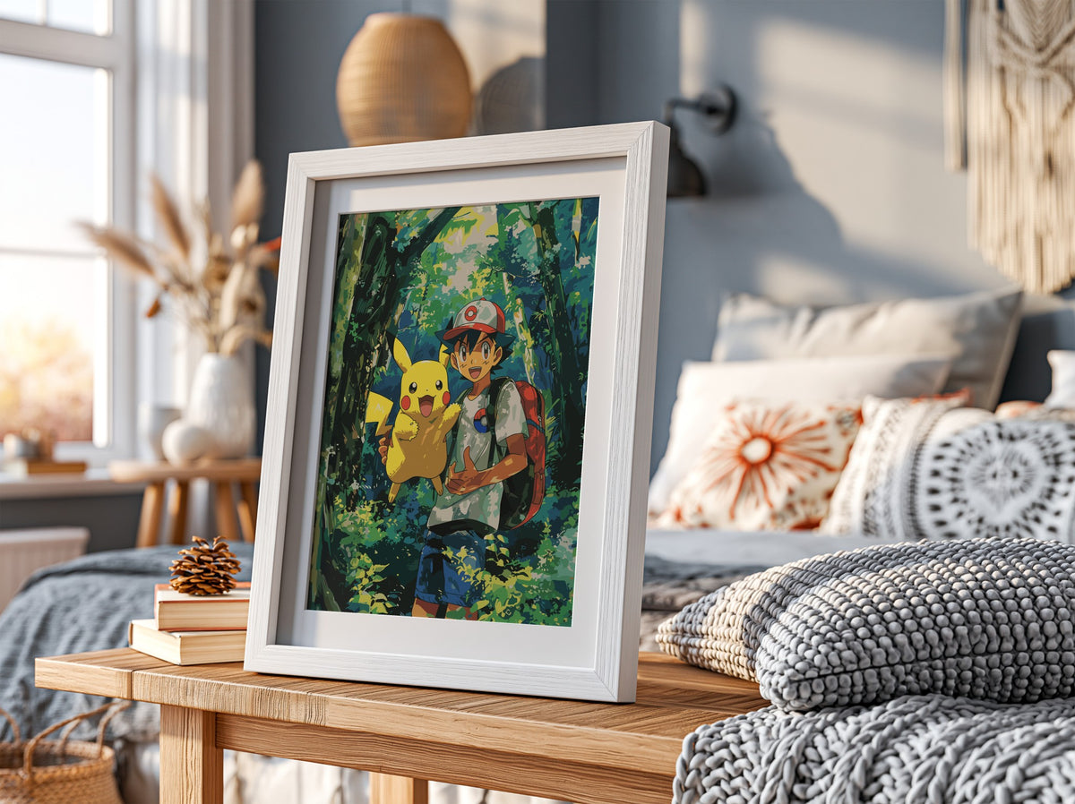 Poster of Ash and Pikachu 3 in vibrant forest colours anime style wall decor