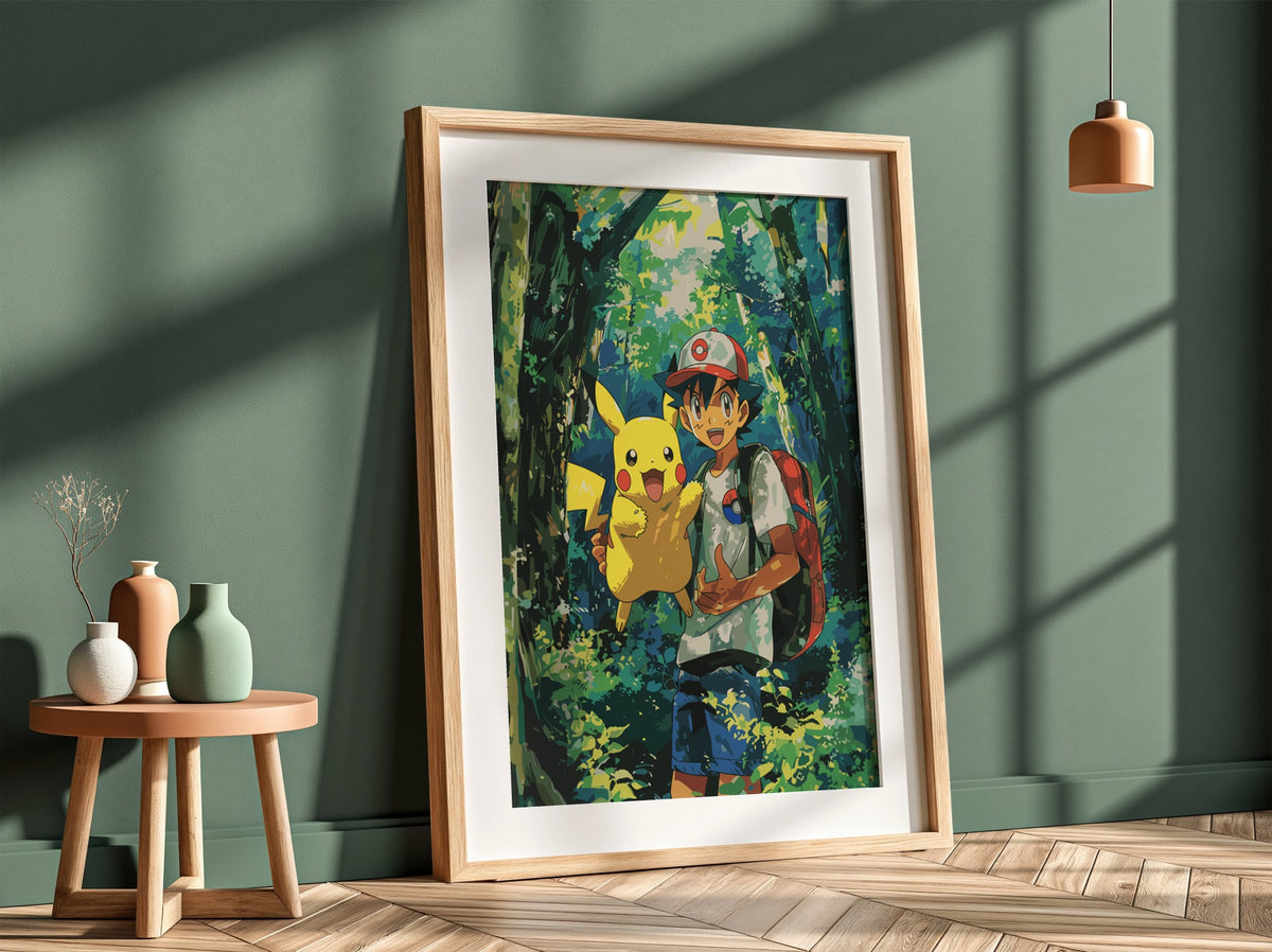 Poster of Ash and Pikachu 3 in vibrant forest colours anime style wall decor