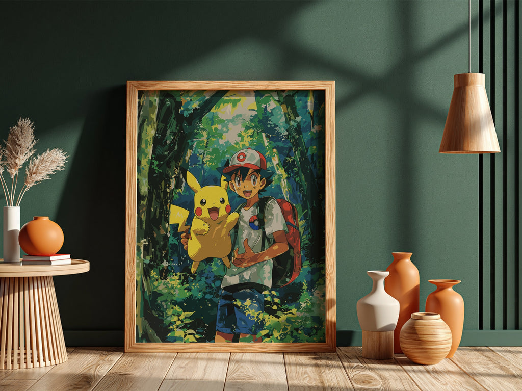 Poster of Ash and Pikachu 3 in vibrant forest colours anime style wall decor
