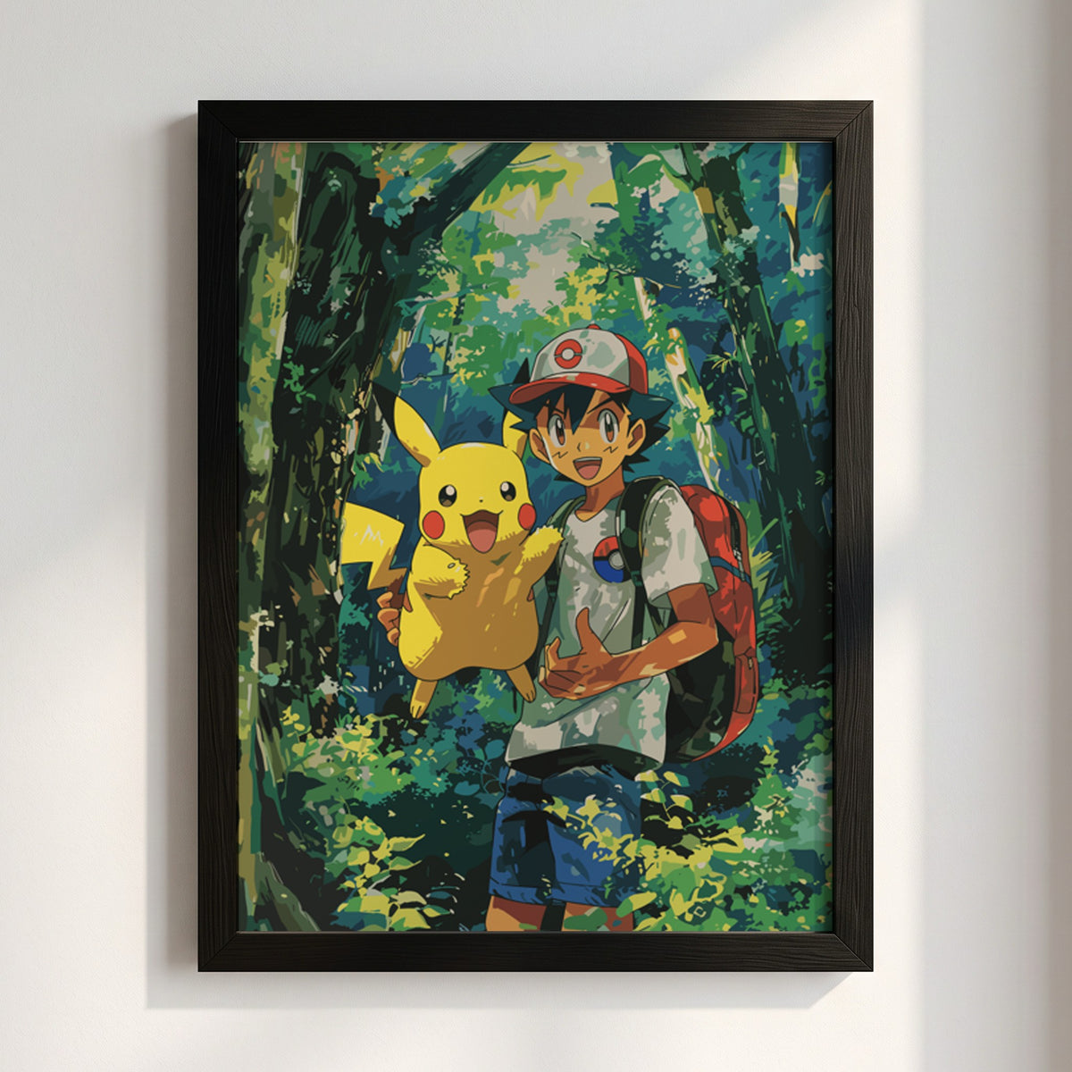 Poster of Ash and Pikachu 3 in vibrant forest colours anime style wall decor