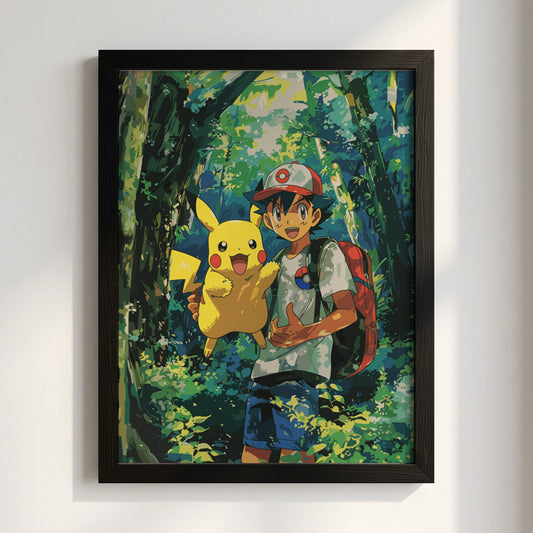 Poster of Ash and Pikachu 3 in vibrant forest colours anime style wall decor