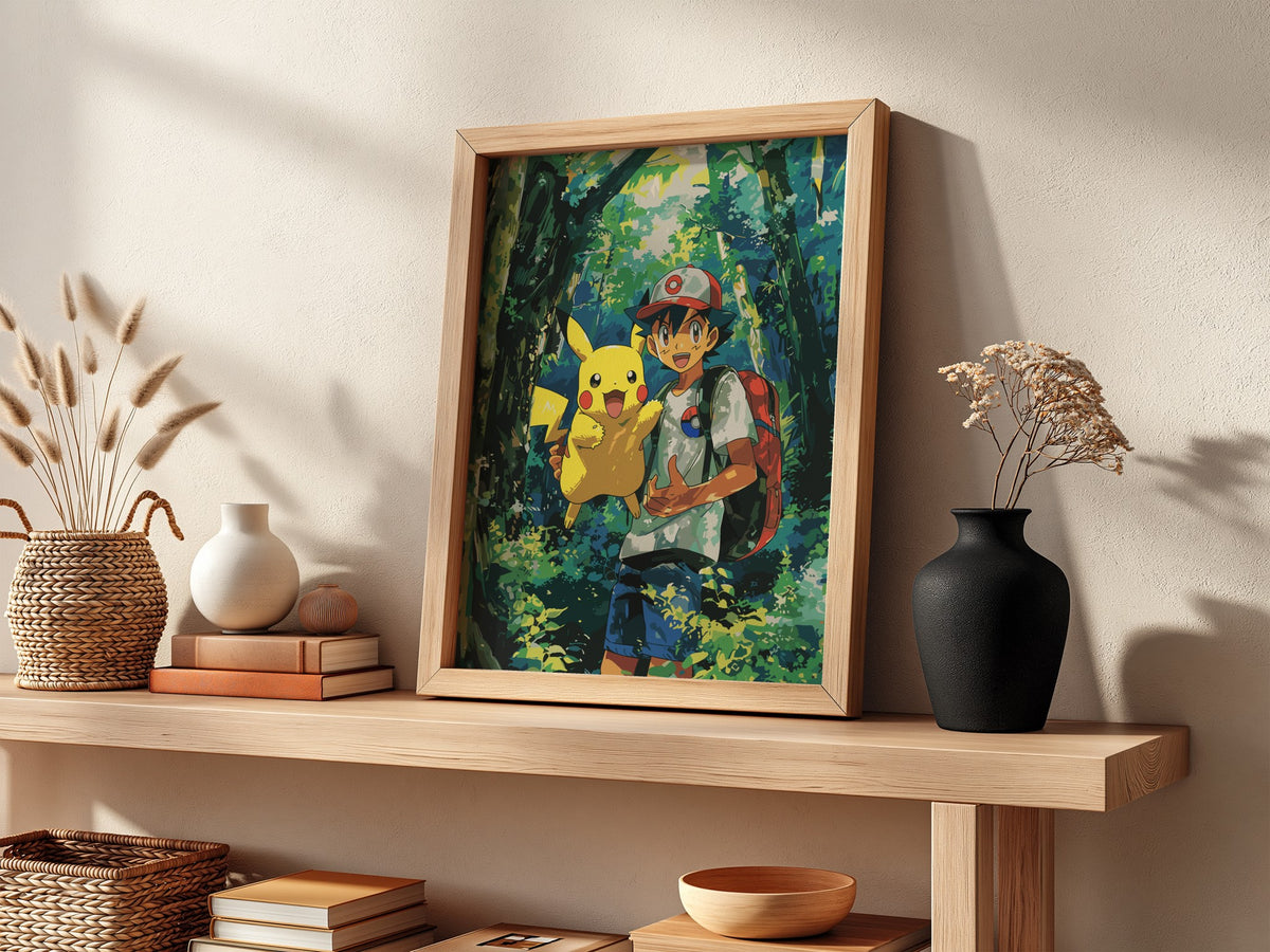 Poster of Ash and Pikachu 3 in vibrant forest colours anime style wall decor