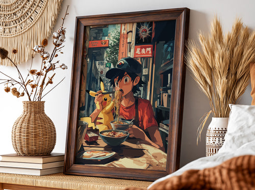 Pokemon poster with Ash and Pikachu sharing noodles in vibrant urban anime style