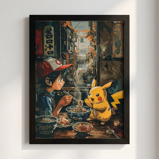 Framed anime wall decor showing Ash and Pikachu sharing ramen in warm muted tones