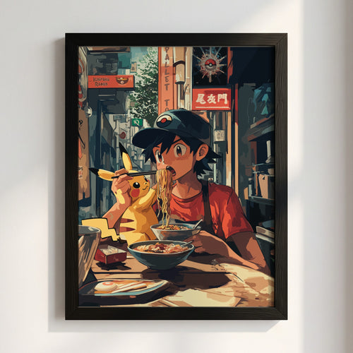Pokemon poster with Ash and Pikachu sharing noodles in vibrant urban anime style