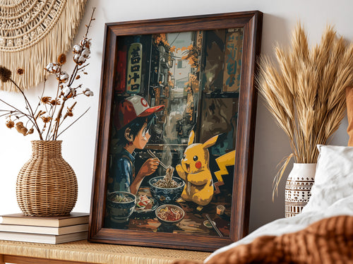 Framed anime wall decor showing Ash and Pikachu sharing ramen in warm muted tones