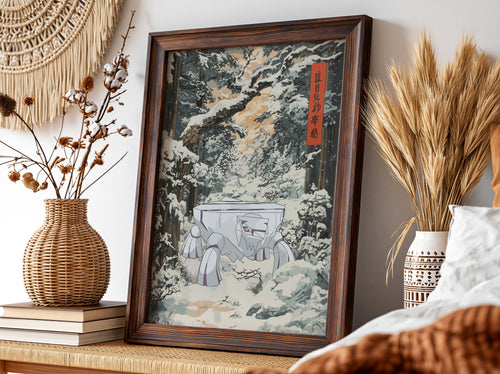Poster featuring Avalugg in a snow-covered forest path with muted greens and warm beige in Japanese style