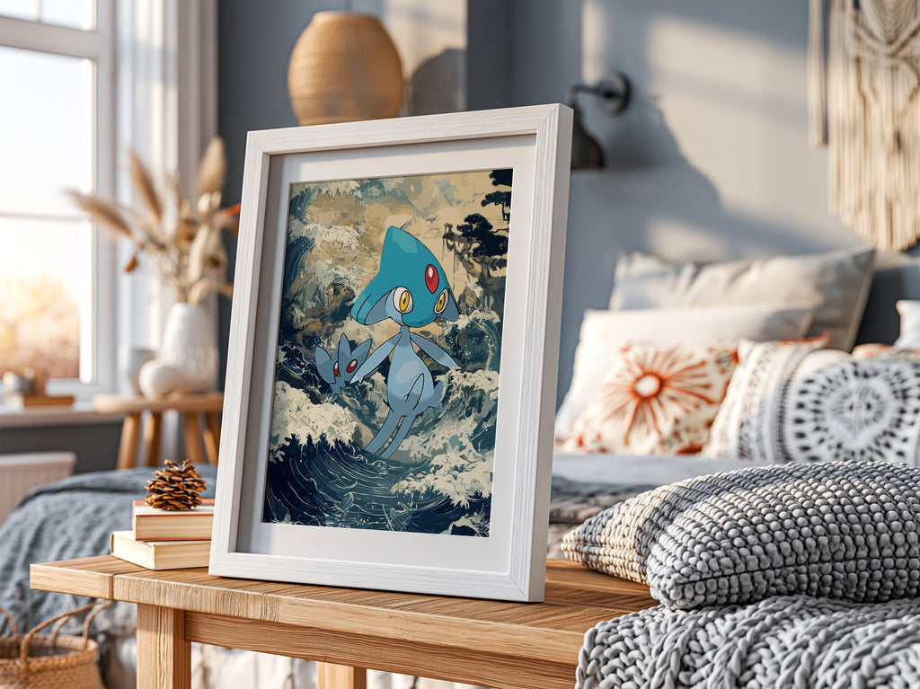 Poster wall decor featuring Azelf Pokémon with blue tones and dynamic wave background
