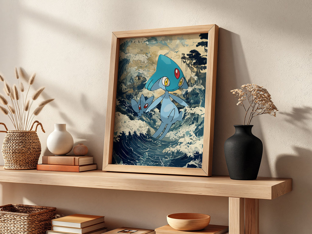 Poster wall decor featuring Azelf Pokémon with blue tones and dynamic wave background