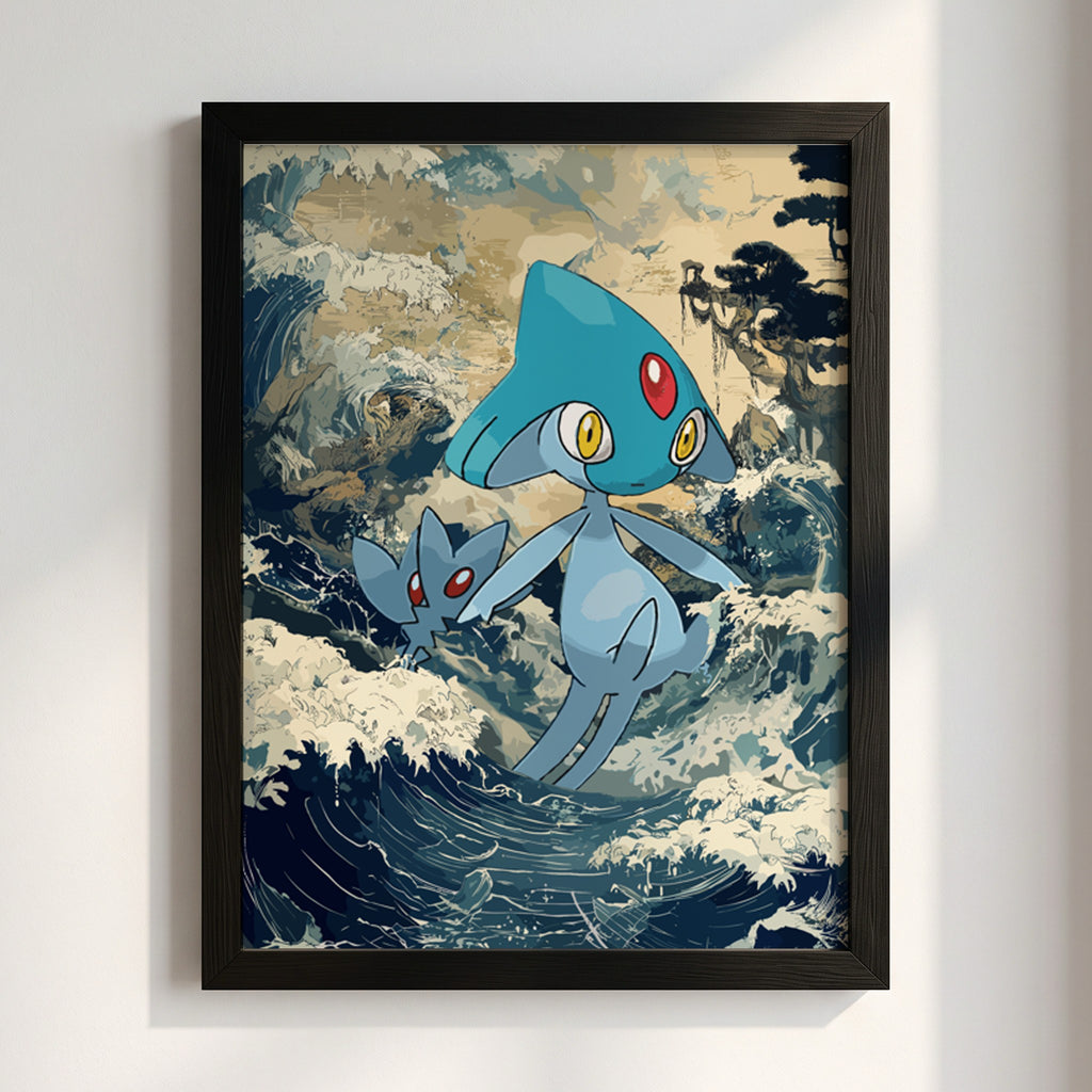 Poster wall decor featuring Azelf Pokémon with blue tones and dynamic wave background