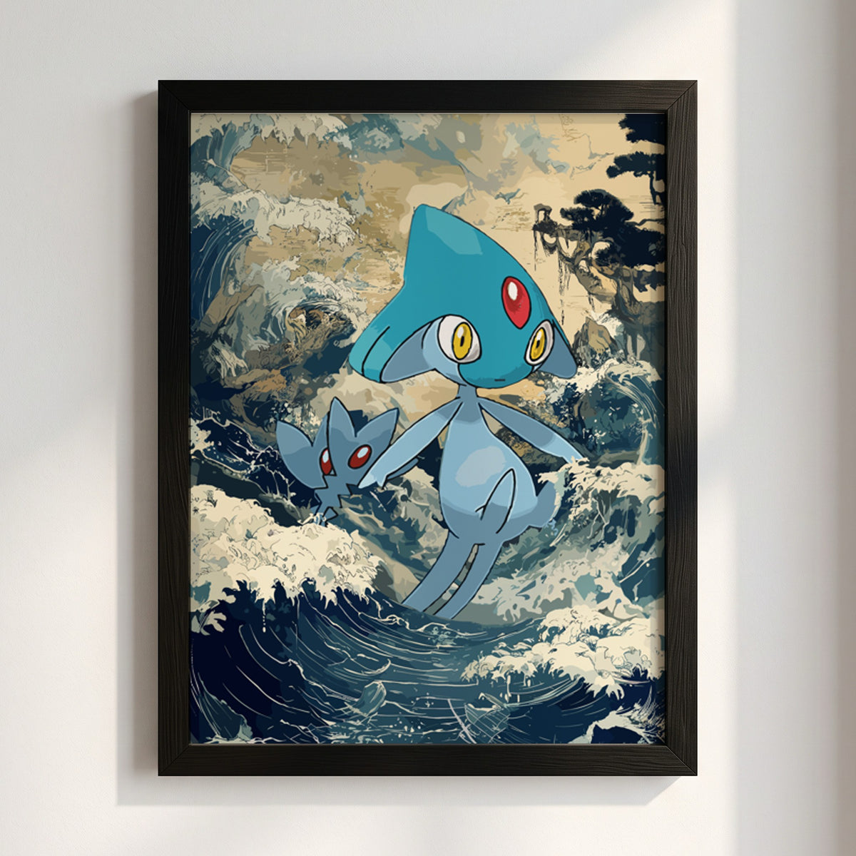 Poster wall decor featuring Azelf Pokémon with blue tones and dynamic wave background