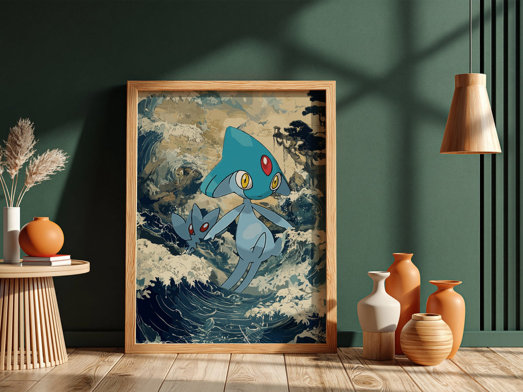 Poster wall decor featuring Azelf Pokémon with blue tones and dynamic wave background
